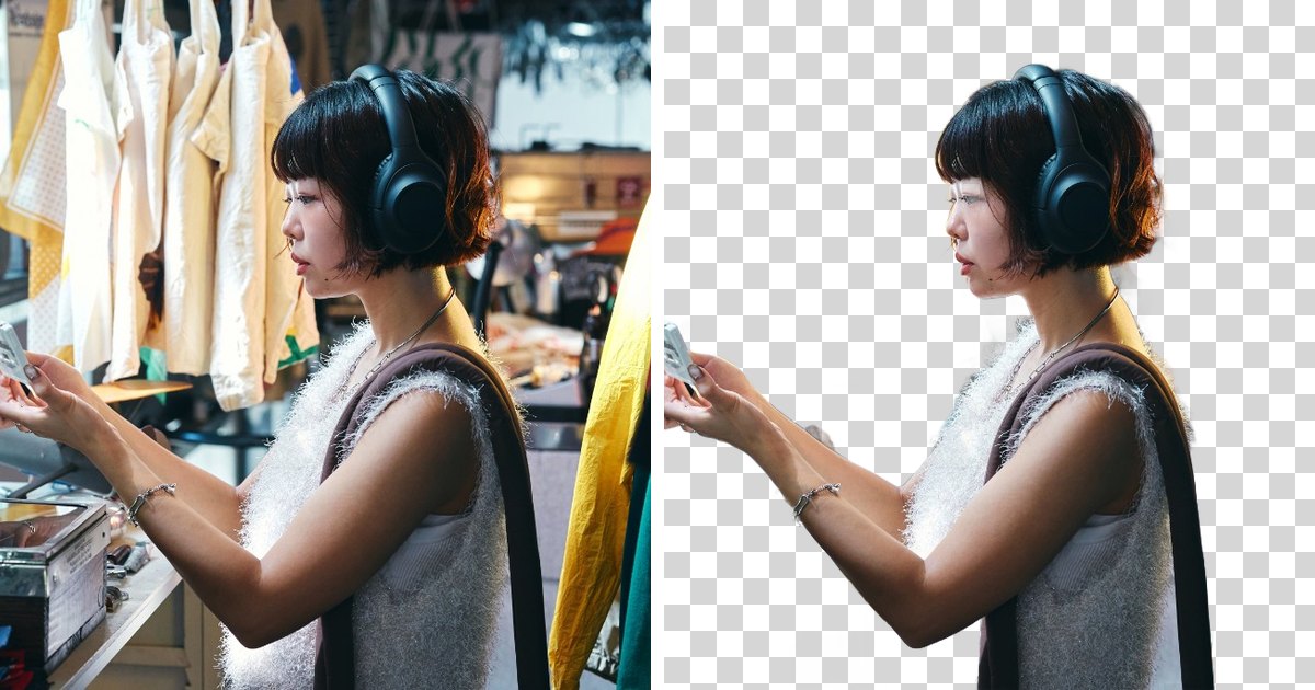 Before and after: the original photo on the left, the same photo with its background made transparent by this tool on the right
